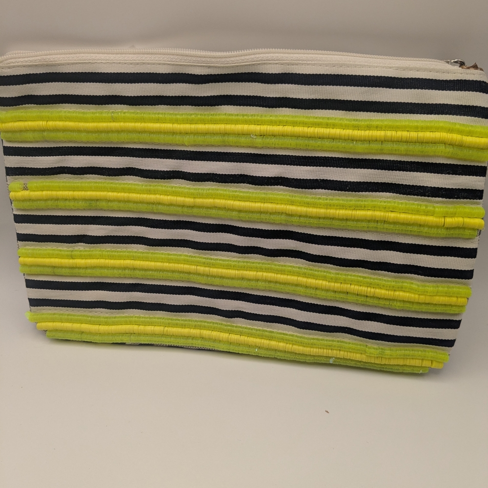 LOFT Black & White Striped Clutch with Neon Yellow Trim